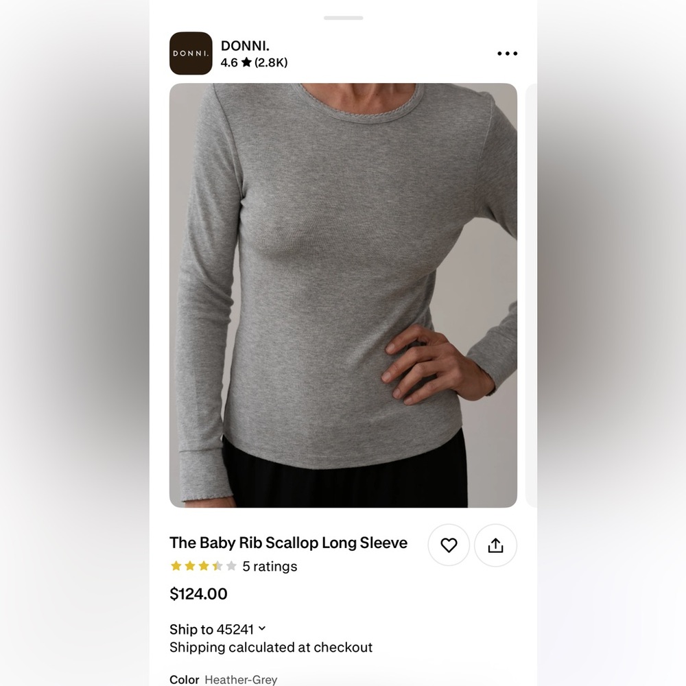 DONNI. Heather Gray Scallop Long Sleeve Top